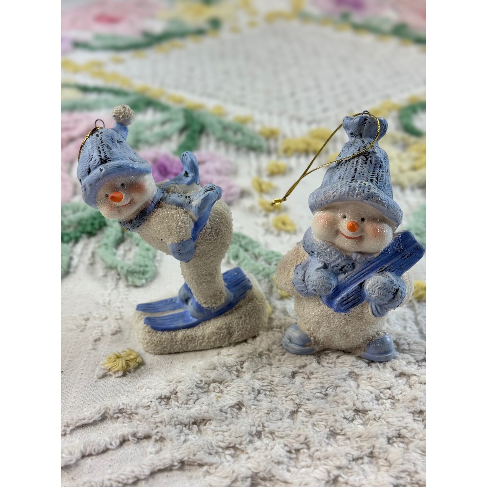 World Bazaars Porcelain Snowman Ornaments 2pc Set Blue Skiing Winter 88918